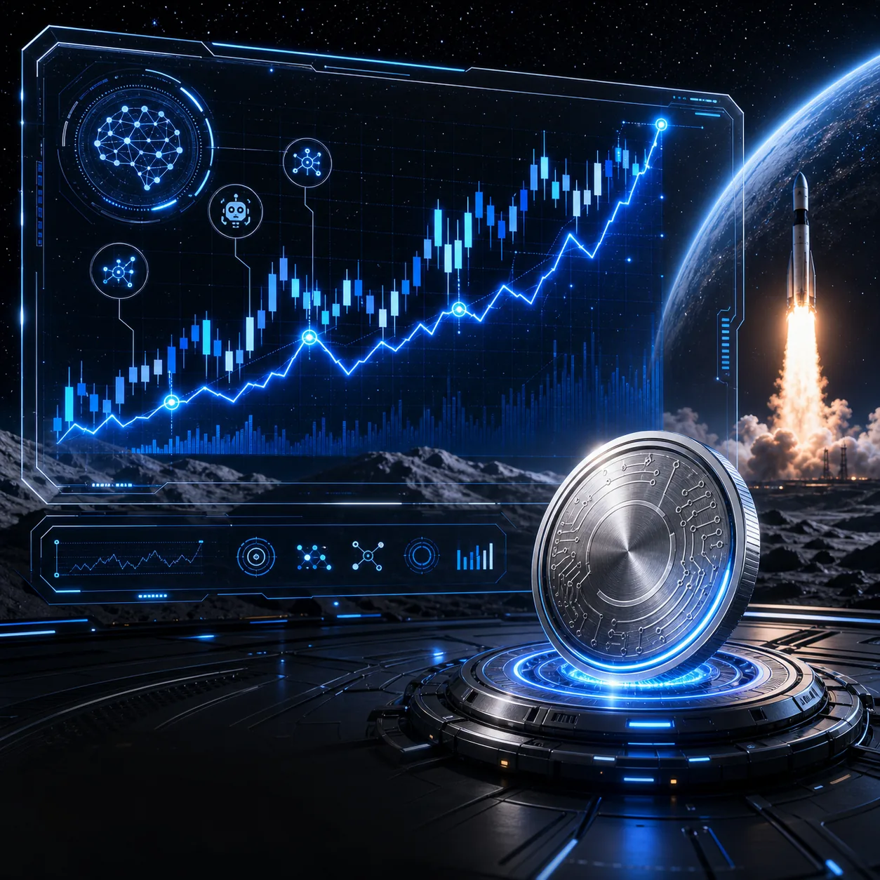 Grokmaxus Autotrade AI holographic performance chart with rocket launch